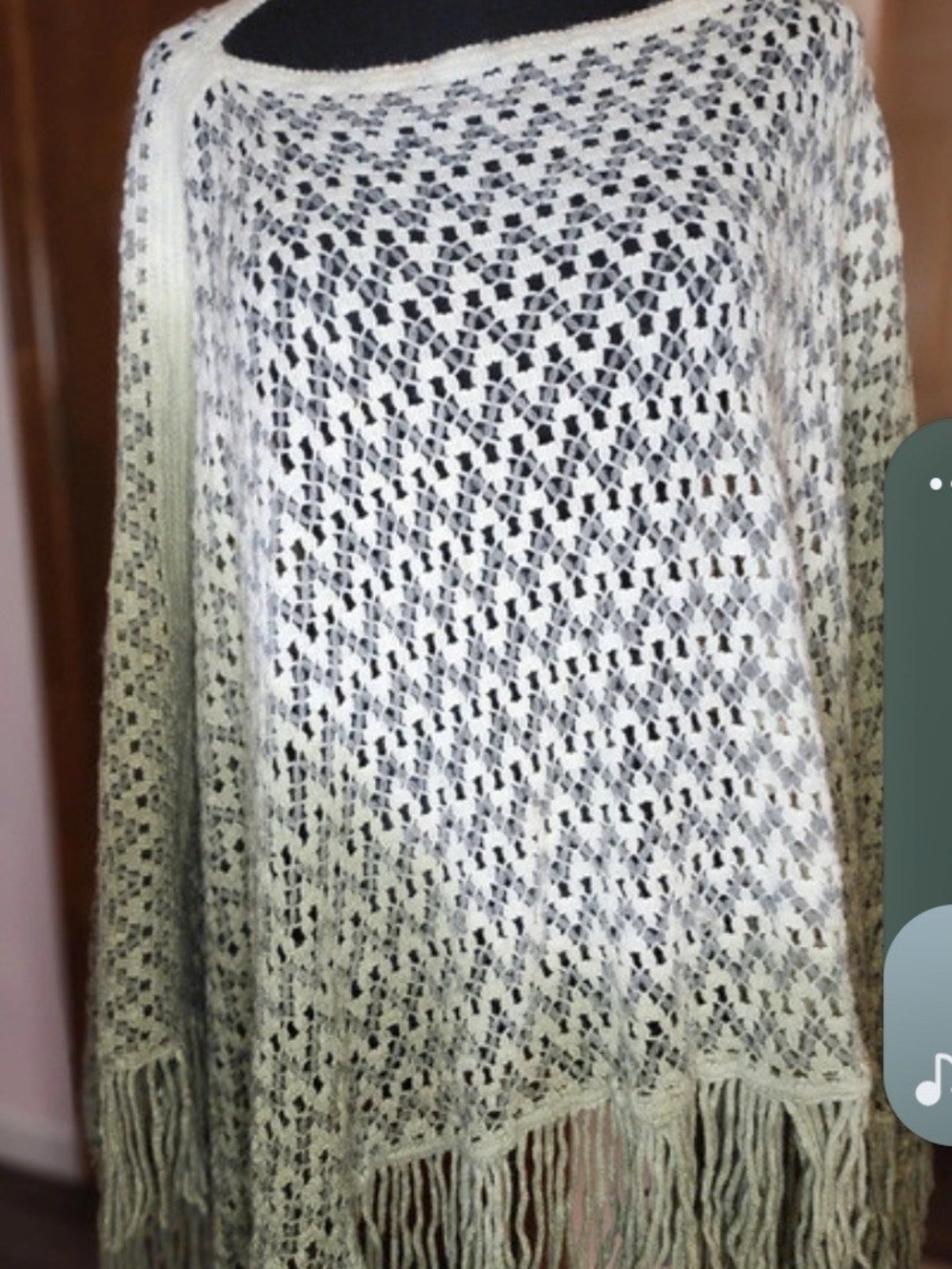 Light Green Open-Knit Fringe Sweater Poncho